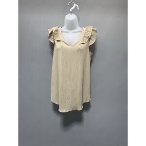 7th Ray Beige Ruffle Sleeve Top Large Textured V-Neck Made USA Boho